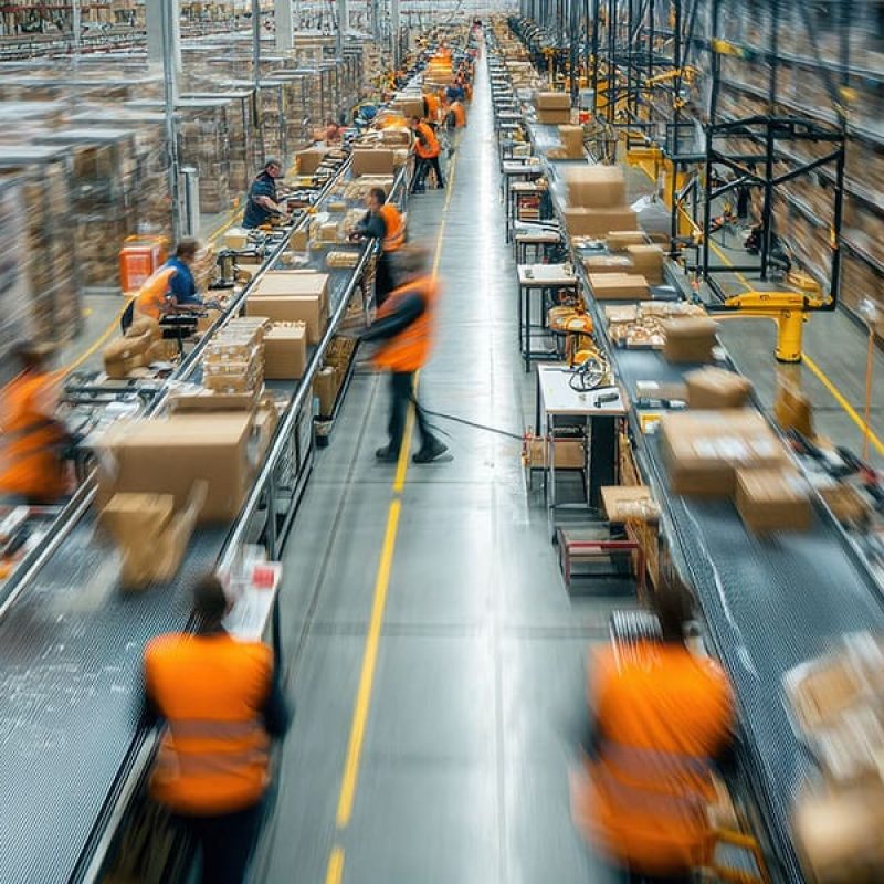 Large distribution warehouse with workers in orange safety vests processing packages
